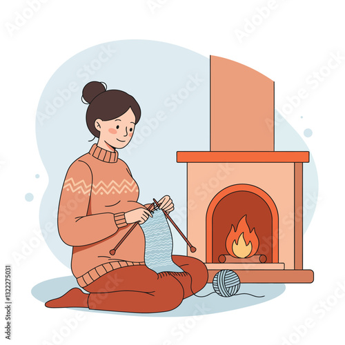 Cozy woman knitting by the fireplace in flat vector art