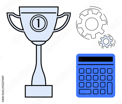 Trophy standing for achievement, gears symbolizing strategy and process, calculator for calculation and planning. Ideal for efficiency, success, strategy, analytics, innovation, competition