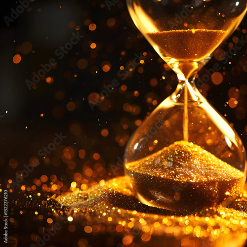 Glistening Hourglass Sand Flowing with Golden Glitter and Shiny Particles - Symbolic of Luxurious Time Management and Dreamy Nights