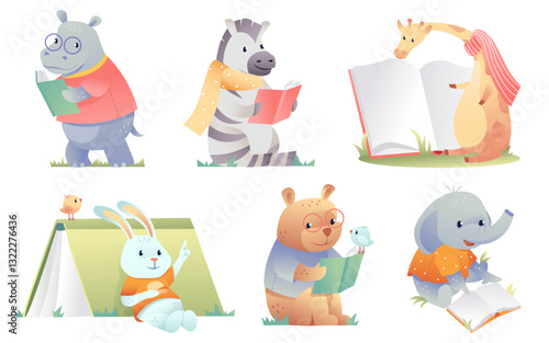 Cute animals smart childish characters reading books, learning and studying literature cartoon set