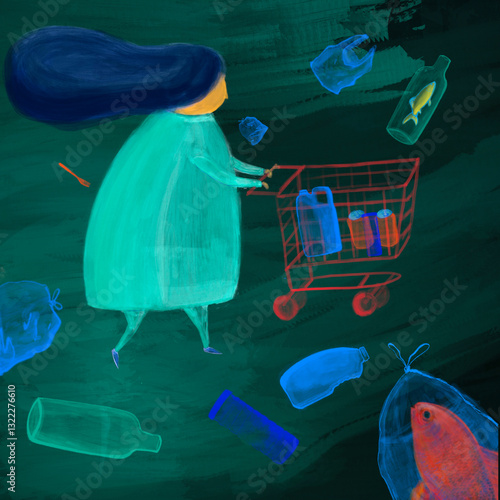 Fotografie Mujer empujando un carrito de la compra en un océano contaminado por plásticos