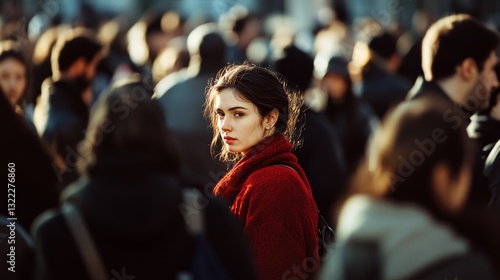 Amidst a bustling crowd, a woman in a red coat stands out, embodying individuality and defiance in the urban sea of anonymity and motion.