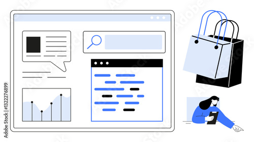 E-commerce interface with search bar, chat bubble, graph, text blocks, shopping bags, woman using tablet. Ideal for online shopping, digital marketing, user interface design data analysis mobile