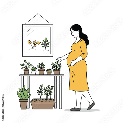 Pregnant woman tending to plants in a minimal and colorful vector illustration