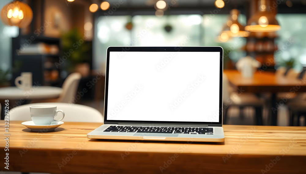Laptop blank screen on wood table with blurred coffee shop cafe interior background and lighting bokeh, mockup, template for your text, Clipping paths included for background and device screen, Diff Laptop blank screen on wood table with blurred coffee shop cafe interior background and lighting bokeh, mockup, template for your text, Clipping paths included for background and device screen, Diff