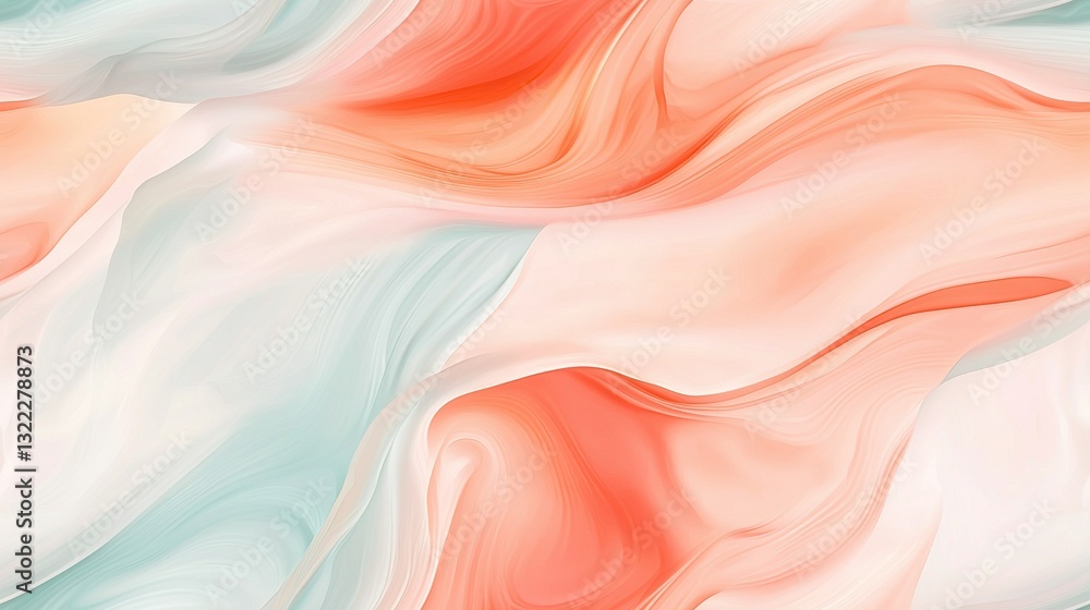 Obraz premium An abstract painting featuring pastel hues as wave-like patterns on a beige and blue backdrop, with a vibrant red focal point