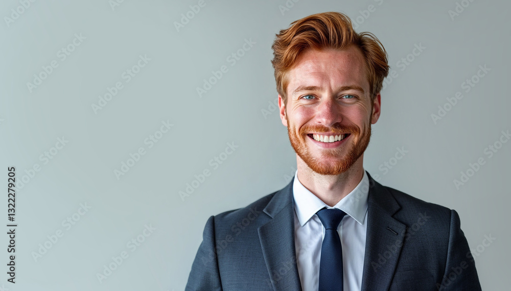 Red haired smiling young man in business suit