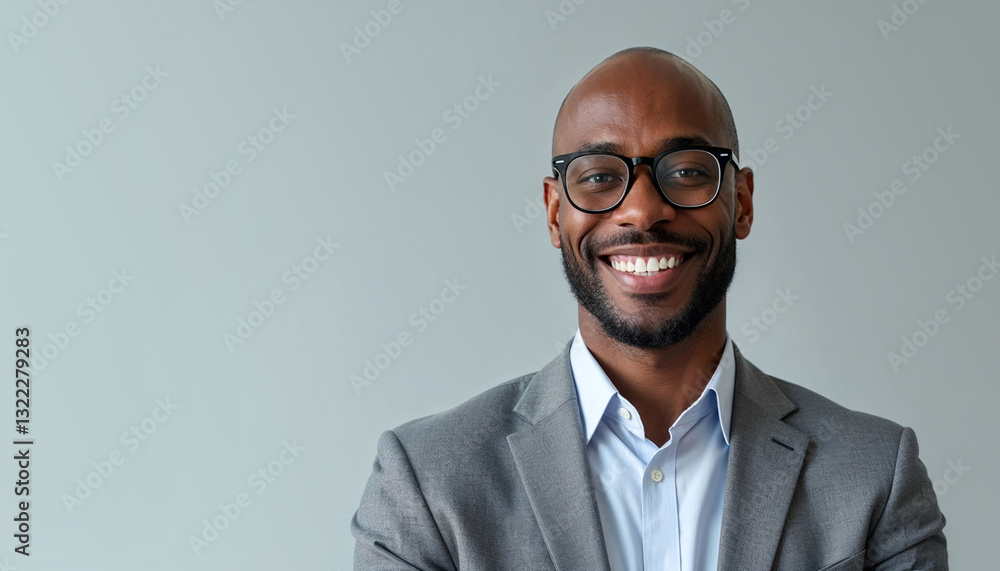 African busnessman bald in glasses against grey background