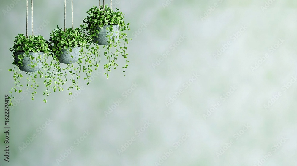 A string-hanging group of potted plants with a light green background A string-hanging group of potted plants with a light green background
