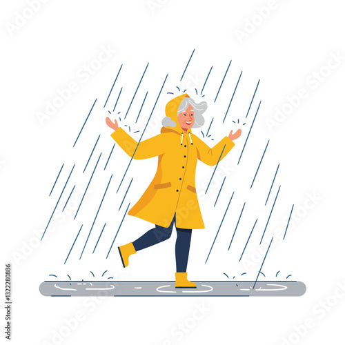 Cheerful elderly woman in a yellow raincoat dancing in the rain flat vector art