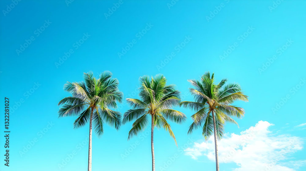 Fototapeta premium Four Lush Green Palm Trees Against A Vibrant Blue Sky With Wispy White Clouds On A Sunny Tropical Summer Day