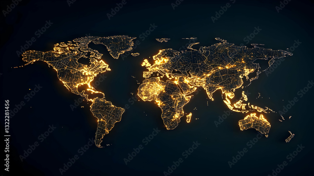 Illuminated World Map At Night With Golden Lights Depicting Global Connectivity On Dark Background Illuminated World Map At Night With Golden Lights Depicting Global Connectivity On Dark Background