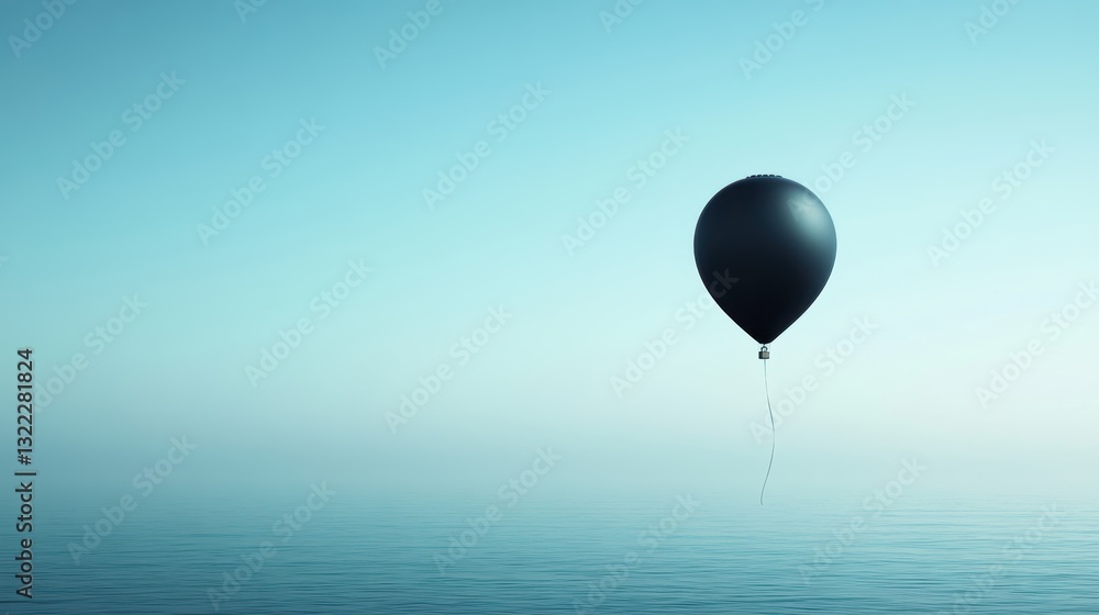 Obraz premium A lone, black balloon, its vibrant hue a stark contrast against the vast, pristine expanse of blue, drifts gracefully through the air, tethered by a slender, white ribbon, its journey uncharted.