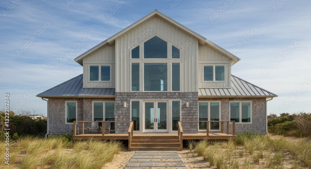 Symmetrical Coastal House with Vertical Siding Symmetrical Coastal House with Vertical Siding