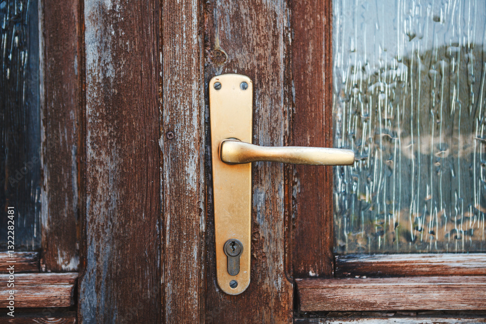 An exquisitely crafted antique door handle featuring a timeless and classic design on a rustic wooden door