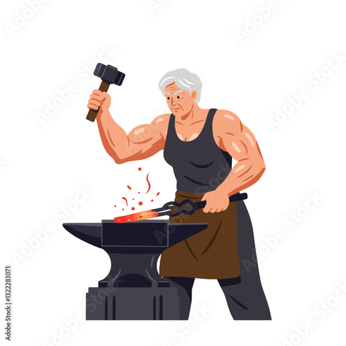 Blacksmith crafting metal with hammer in detailed flat vector art