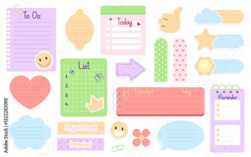 Cute cartoon task planners, remind memo, important notes, to-do list and washi tape, stickers