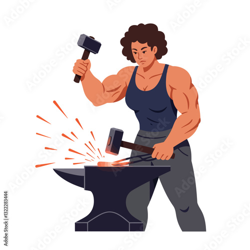 Strong woman forging metal with hammer in flat vector art