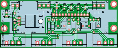 Vector printed circuit board of electronic 
device with components of radio elements, 
conductors and contact pads placed on pcb. Engineering technical educational drawing. Computer technic cad design