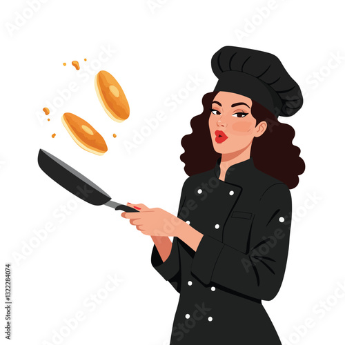 Chef skillfully flipping pancakes in stylish flat design vector art
