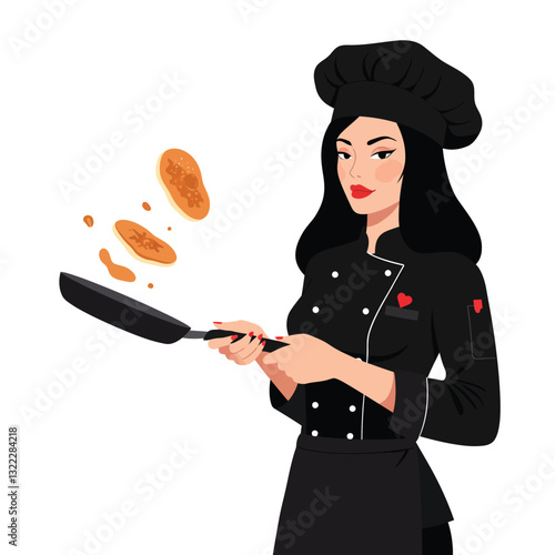 Chef flipping pancakes in minimal design style vector illustration