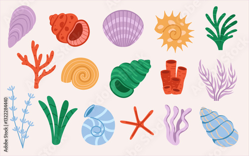 Cartoon corals, seaweeds and underwater seashells exotic aquatic design elements isolated set