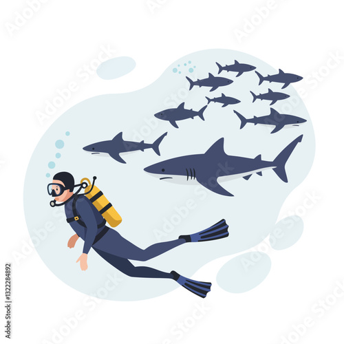 Diver swimming with sharks in flat minimal vector art illustration