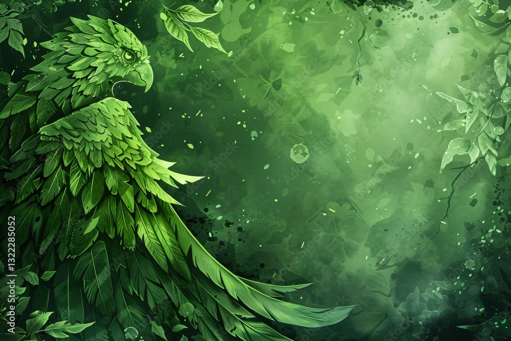 Mystical green forest spirit bird with leafy feathers in enchanted woodland. Fantasy nature concept for book cover, game design, or environmental awareness Mystical green forest spirit bird with leafy feathers in enchanted woodland. Fantasy nature concept for book cover, game design, or environmental awareness