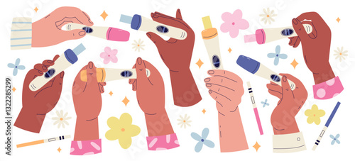 Female hands holding diagnostic pregnancy test with positive result of successful impregnation