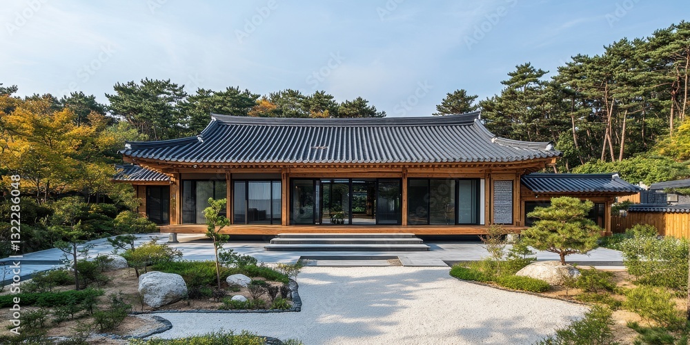 Obraz premium A traditional styled house sitting amongst lush green surroundings