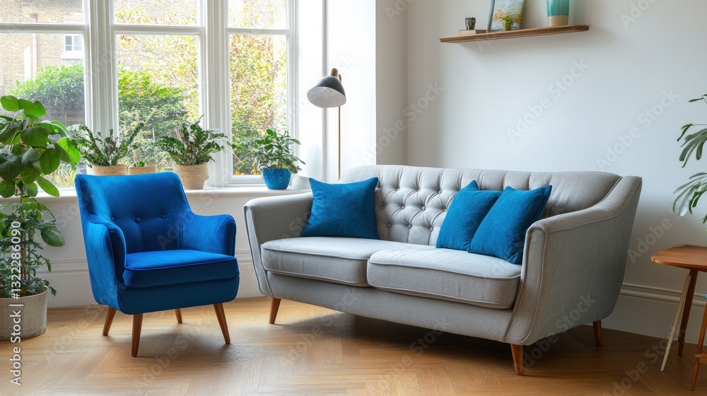 Fototapeta premium Modern Living Room with Blue Accent Chair and Sofa