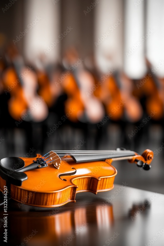 Fototapeta premium Single violin rests on a table, a blurred orchestra in the background.