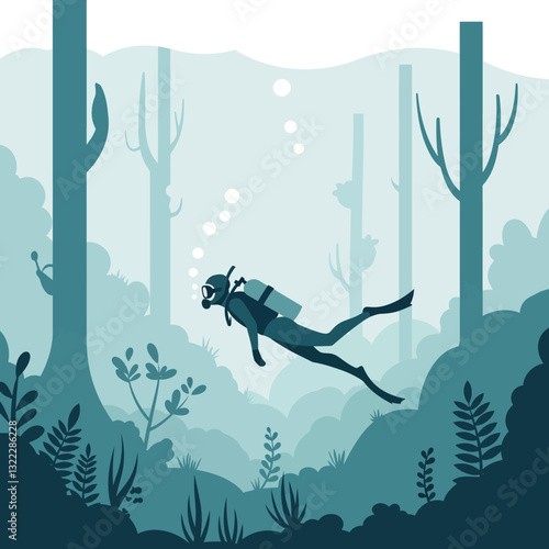Underwater diver exploring aquatic plants in minimal flat vector illustration