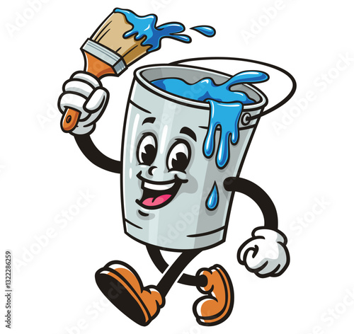 Cartoon mascot character Paint bucket is walking