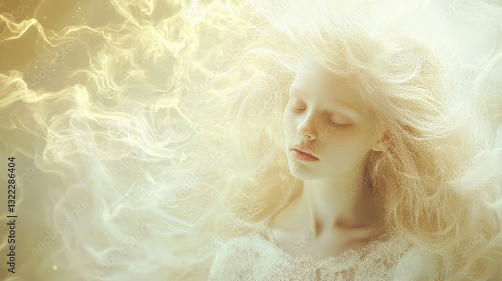 A serene figure with long, flowing hair appears surrounded by soft, warm light. The atmosphere creates an otherworldly ambiance that evokes a sense of tranquility A serene figure with long, flowing hair appears surrounded by soft, warm light. The atmosphere creates an otherworldly ambiance that evokes a sense of tranquility
