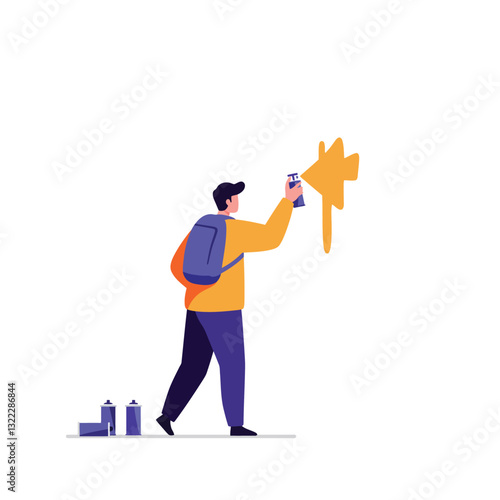 Artist creating street art with spray paint in flat vector illustration