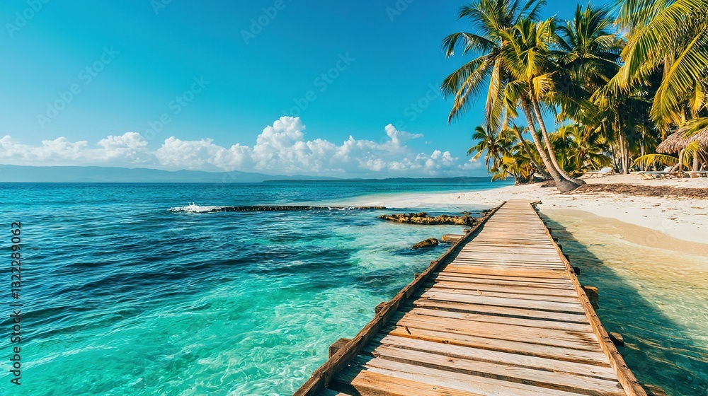 Fototapeta premium Wooden dock leads to sandy shore with palm trees Water in background