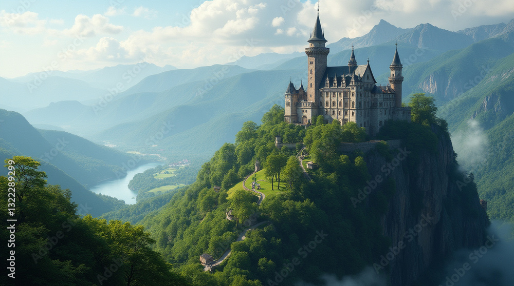A breathtaking view of a grand castle perched atop a mountain, surrounded by lush greenery and rolling hills. A breathtaking view of a grand castle perched atop a mountain, surrounded by lush greenery and rolling hills.