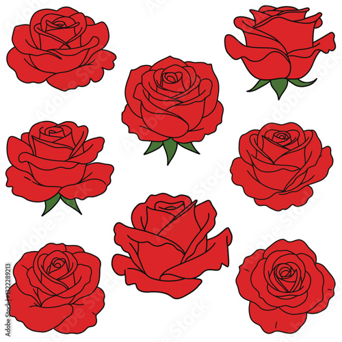 Red roses arranged in a playful pattern with flat design elements in vector art