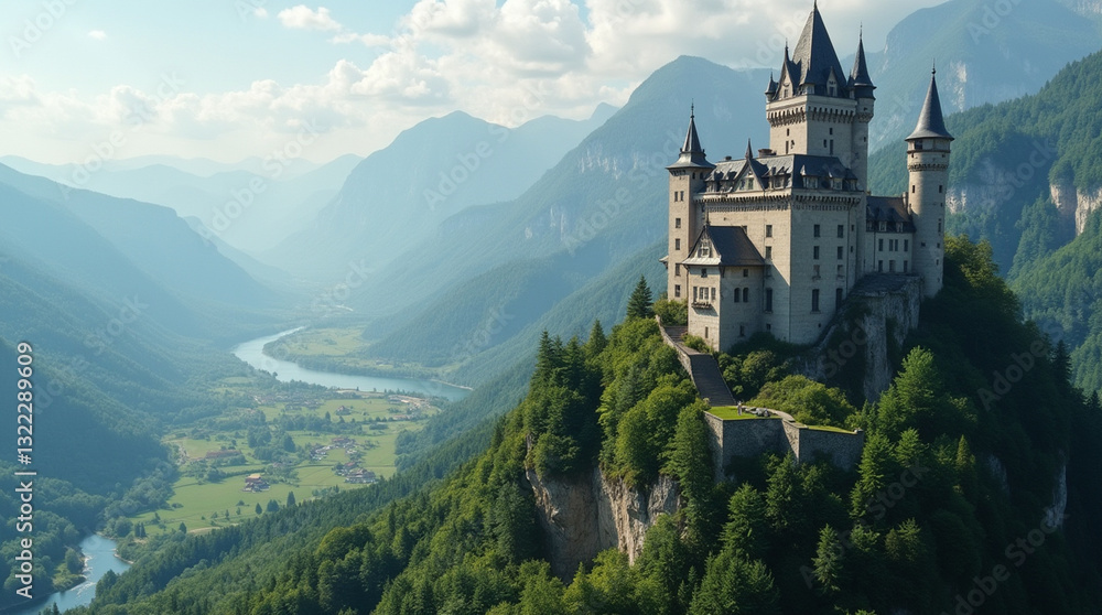A breathtaking view of a grand castle perched atop a mountain, surrounded by lush greenery and rolling hills. A breathtaking view of a grand castle perched atop a mountain, surrounded by lush greenery and rolling hills.