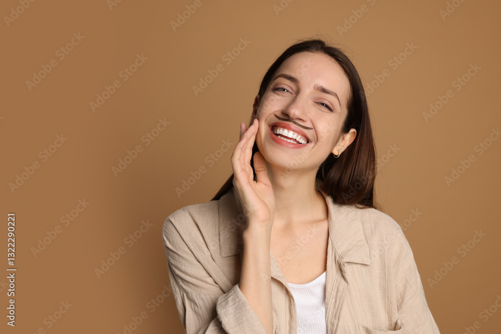 Happy woman with drawn mustache on brown background. Space for text Happy woman with drawn mustache on brown background. Space for text