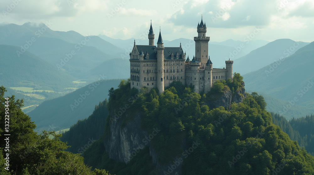A breathtaking view of a grand castle perched atop a mountain, surrounded by lush greenery and rolling hills. A breathtaking view of a grand castle perched atop a mountain, surrounded by lush greenery and rolling hills.