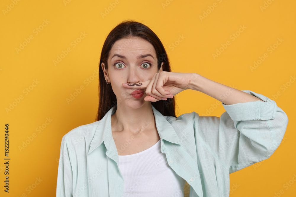 Funny woman holding finger with drawn mustache above lips on orange background