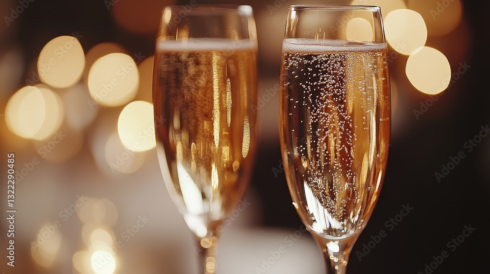 Two elegant glasses filled with sparkling beverage reflecting warm ambient lights in a festive setting during a celebration at night Two elegant glasses filled with sparkling beverage reflecting warm ambient lights in a festive setting during a celebration at night
