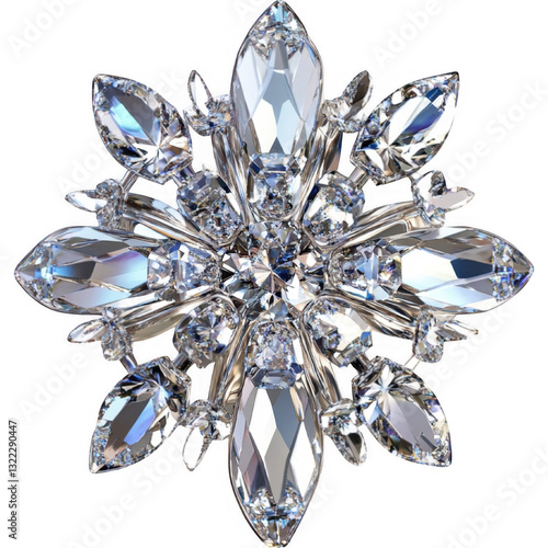 Crystal Flower Brooch with Diamond-Like Facets - Transparent Background PNG