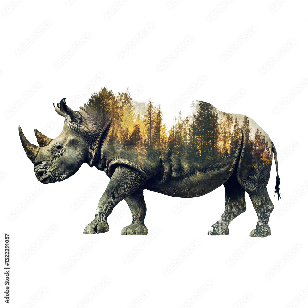 Obraz premium Power of nature revealed through rhino and forest double exposure art concept, Rhino and forest double exposure, concept of power of the nature with White background