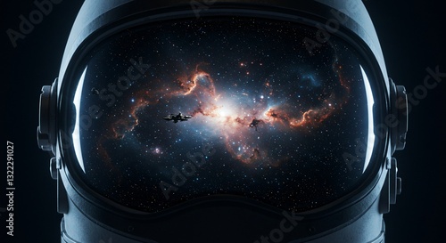 Fototapeta Naklejka Na Ścianę i Meble -  Astronaut helmet reveals cosmic nebula, spacecraft and spacewalker, symbolizing space exploration for scientific research and discovery in space mission