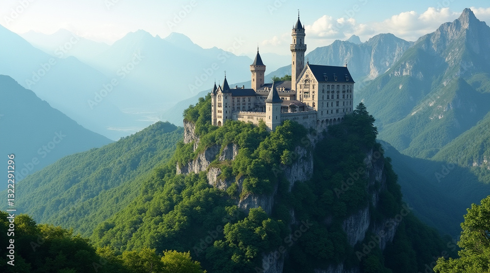 A breathtaking view of a grand castle perched atop a mountain, surrounded by lush greenery and rolling hills. A breathtaking view of a grand castle perched atop a mountain, surrounded by lush greenery and rolling hills.