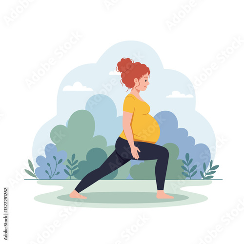 Pregnant woman practicing yoga in a serene setting, flat vector art