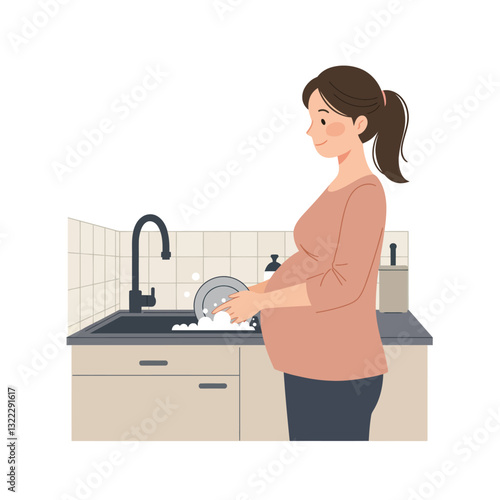 Pregnant woman washing dishes in a modern kitchen flat vector illustration